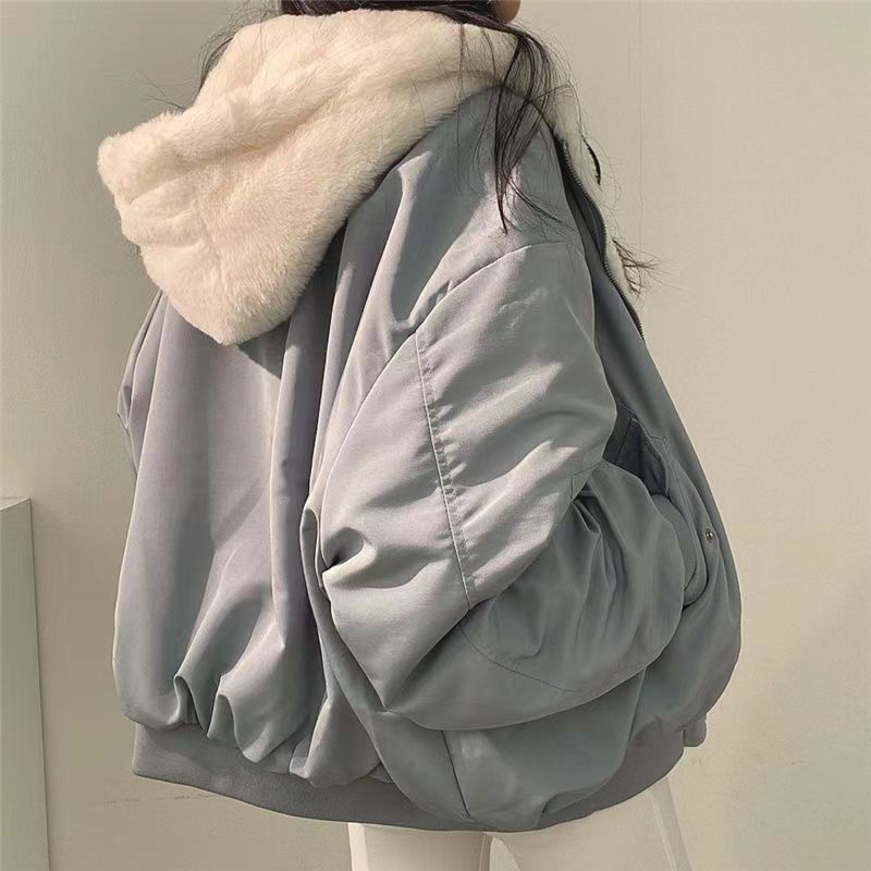 Zayra Rose South Korea Fleece-lined Thickened Double-sided Lamb Wool Cotton-padded Coat Women&#39;s Coat Winter New Zipper Hooded Cotton-padded Coat Top
