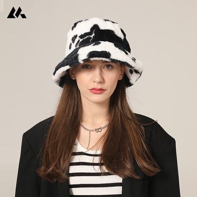 Zayra Rose Fisherman Hat Female Japanese Korean Version Wild Imitation Rabbit Fur Ear Protection Hat Autumn And Winter Cow Pattern Plush Basin Hat Cute Soft Girl
