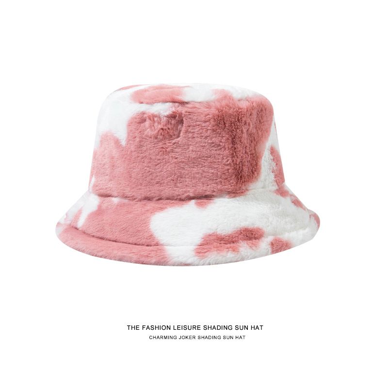 Zayra Rose Fisherman Hat Female Japanese Korean Version Wild Imitation Rabbit Fur Ear Protection Hat Autumn And Winter Cow Pattern Plush Basin Hat Cute Soft Girl, Color: Large spot plush-pink white, Size: M (56 -58cm)