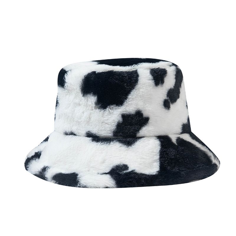 Zayra Rose Fisherman Hat Female Japanese Korean Version Wild Imitation Rabbit Fur Ear Protection Hat Autumn And Winter Cow Pattern Plush Basin Hat Cute Soft Girl