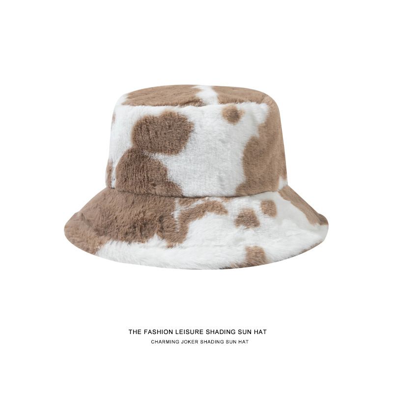 Zayra Rose Fisherman Hat Female Japanese Korean Version Wild Imitation Rabbit Fur Ear Protection Hat Autumn And Winter Cow Pattern Plush Basin Hat Cute Soft Girl
