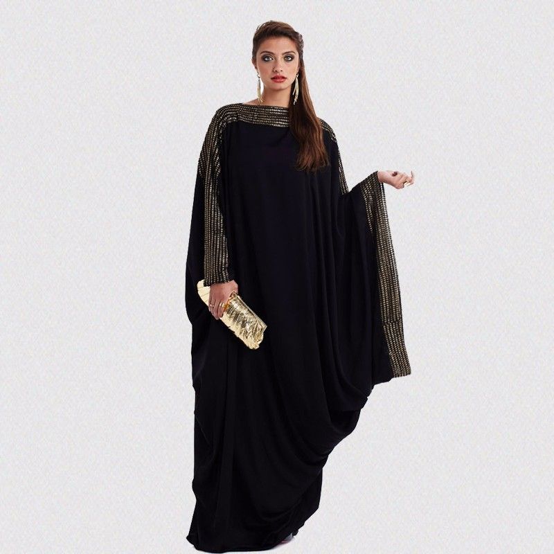 Arab Elegant Loose Robe Muslim Hui Dubai Sequin Doll Sleeve Robe Large Size Women Dress