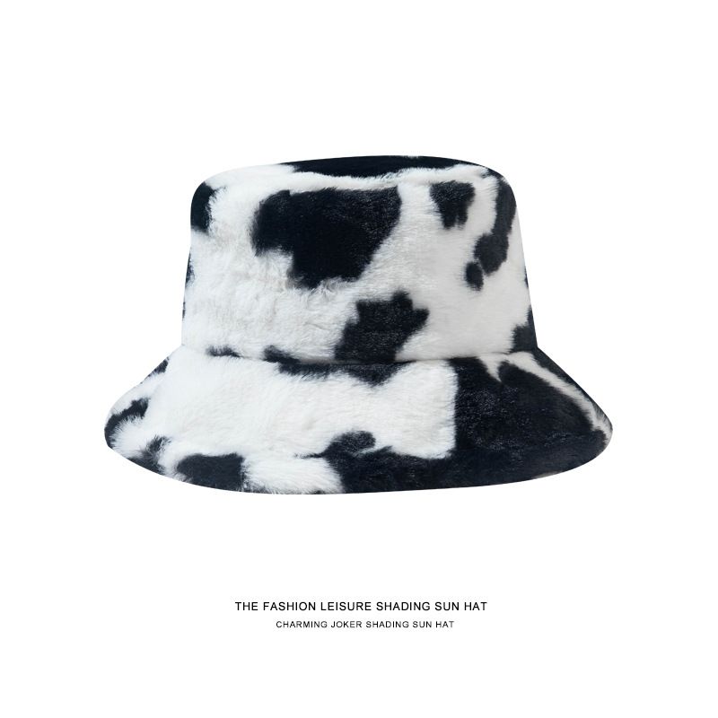 Zayra Rose Fisherman Hat Female Japanese Korean Version Wild Imitation Rabbit Fur Ear Protection Hat Autumn And Winter Cow Pattern Plush Basin Hat Cute Soft Girl