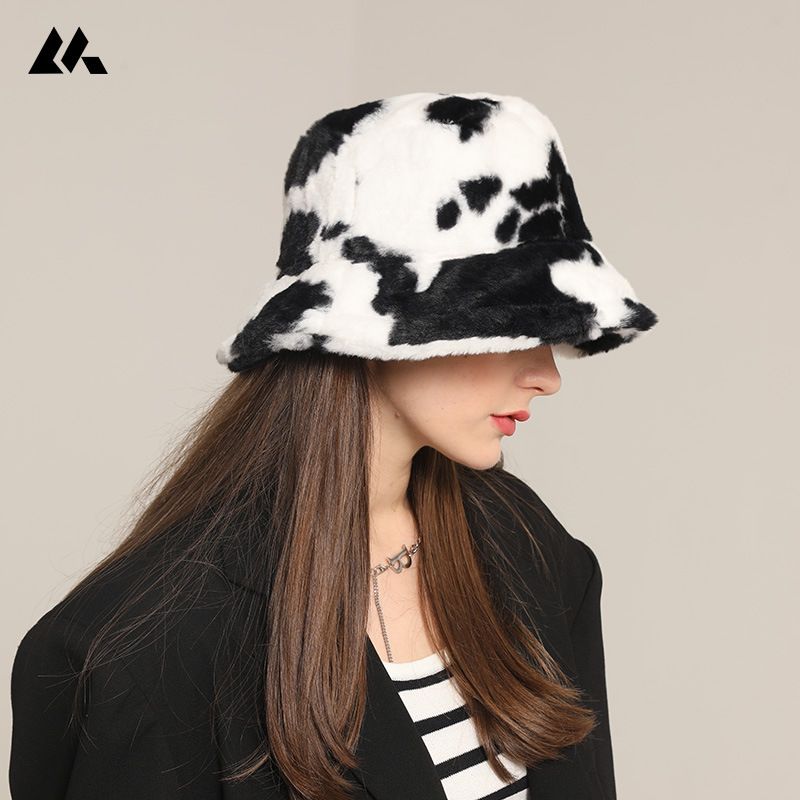 Zayra Rose Fisherman Hat Female Japanese Korean Version Wild Imitation Rabbit Fur Ear Protection Hat Autumn And Winter Cow Pattern Plush Basin Hat Cute Soft Girl