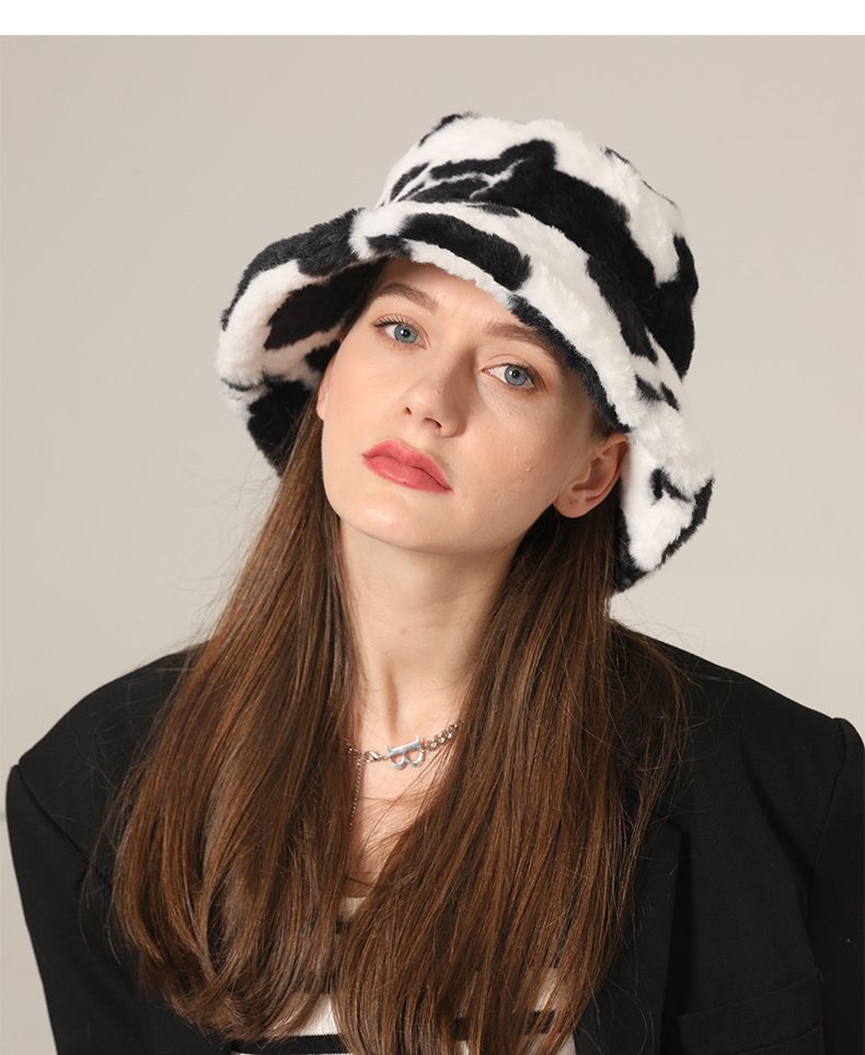 Zayra Rose Fisherman Hat Female Japanese Korean Version Wild Imitation Rabbit Fur Ear Protection Hat Autumn And Winter Cow Pattern Plush Basin Hat Cute Soft Girl