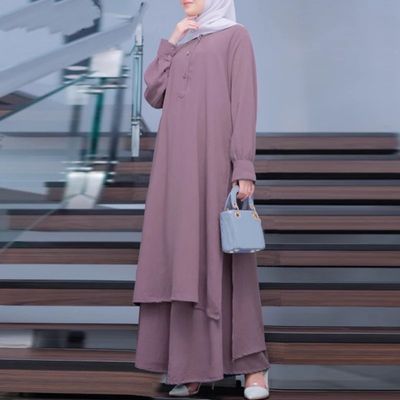 Zayra Rose Muslim Solid Color Women Two-piece Casual Loose Long-sleeved Wide-leg Pants Suit