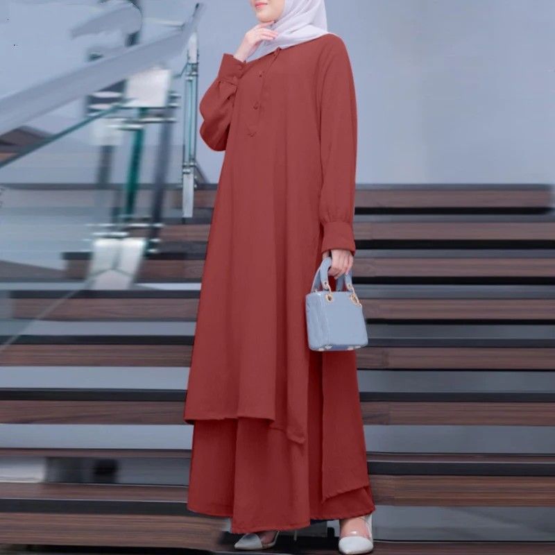 Zayra Rose Muslim Solid Color Women Two-piece Casual Loose Long-sleeved Wide-leg Pants Suit