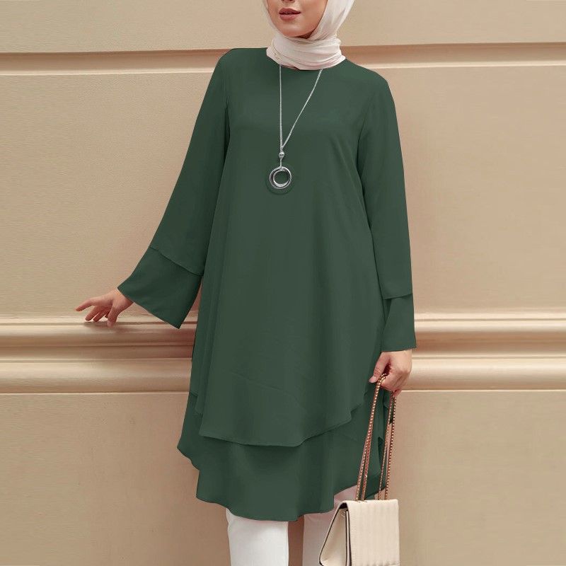 Zayra Rose Two-layer Design Shirt Round Neck Solid Color Elegant Holiday Party Top Turkish Robe