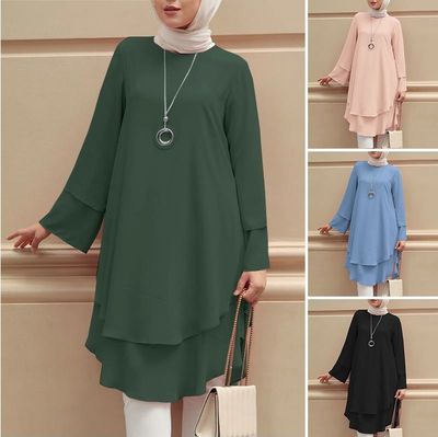Zayra Rose Two-layer Design Shirt Round Neck Solid Color Elegant Holiday Party Top Turkish Robe