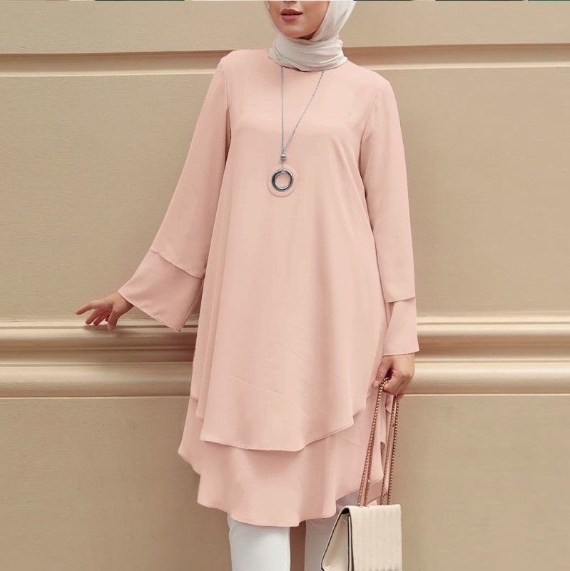 Zayra Rose Two-layer Design Shirt Round Neck Solid Color Elegant Holiday Party Top Turkish Robe