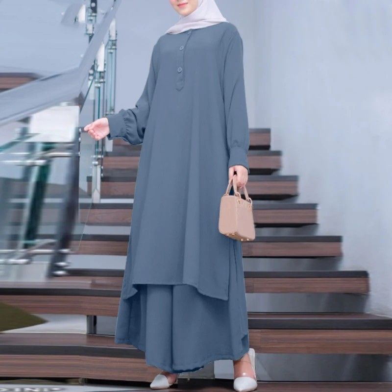 Zayra Rose Muslim Solid Color Women Two-piece Casual Loose Long-sleeved Wide-leg Pants Suit