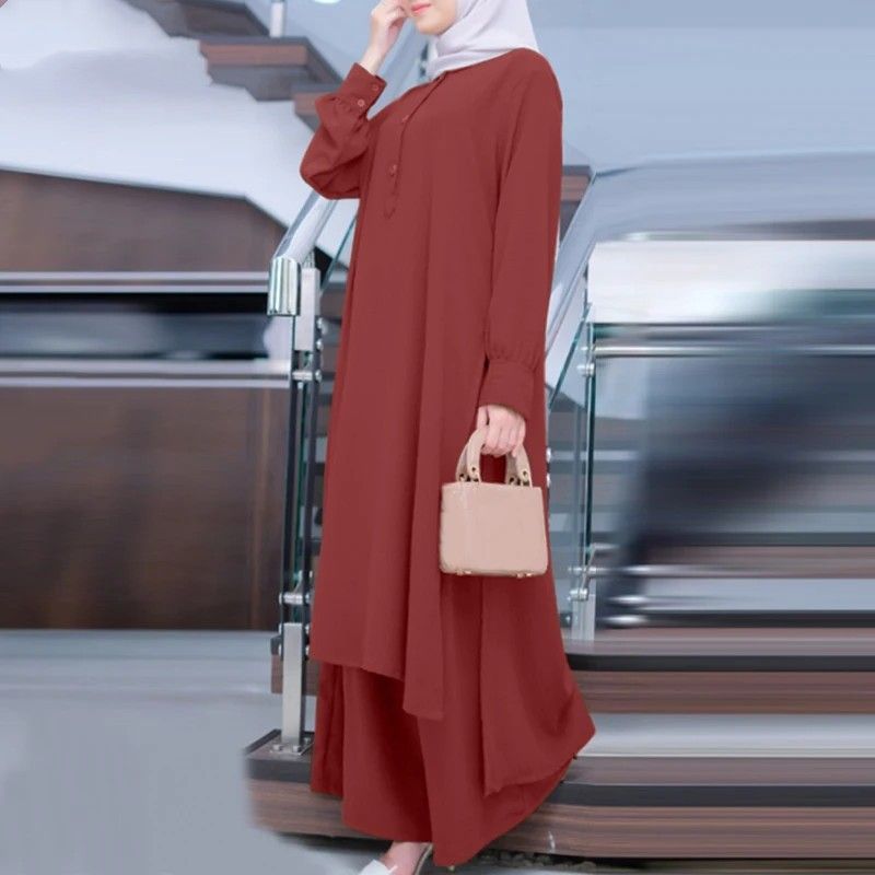 Zayra Rose Muslim Solid Color Women Two-piece Casual Loose Long-sleeved Wide-leg Pants Suit, Size: S, Color: Red