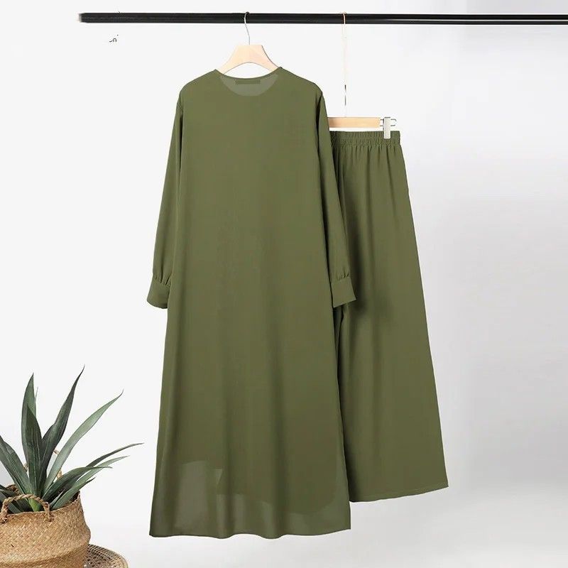 Zayra Rose Muslim Solid Color Women Two-piece Casual Loose Long-sleeved Wide-leg Pants Suit