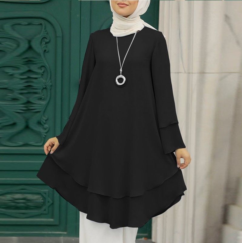 Zayra Rose Two-layer Design Shirt Round Neck Solid Color Elegant Holiday Party Top Turkish Robe