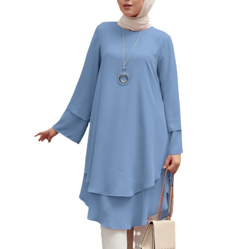 Zayra Rose Two-layer Design Shirt Round Neck Solid Color Elegant Holiday Party Top Turkish Robe