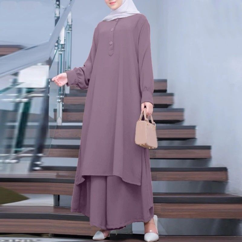 Zayra Rose Muslim Solid Color Women Two-piece Casual Loose Long-sleeved Wide-leg Pants Suit