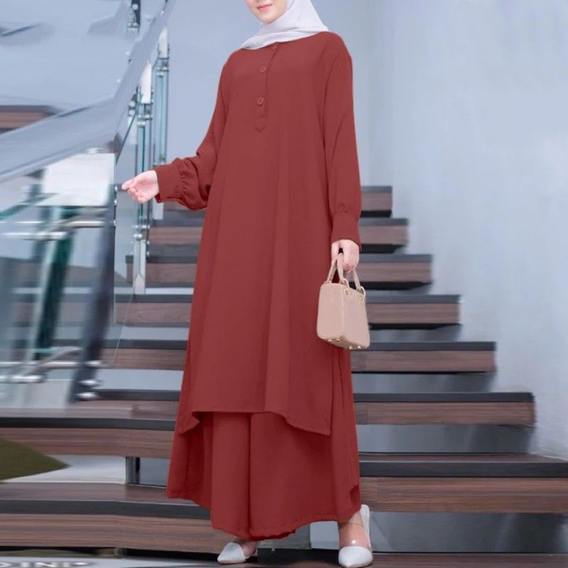 Zayra Rose Muslim Solid Color Women Two-piece Casual Loose Long-sleeved Wide-leg Pants Suit