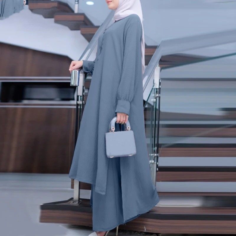 Zayra Rose Muslim Solid Color Women Two-piece Casual Loose Long-sleeved Wide-leg Pants Suit