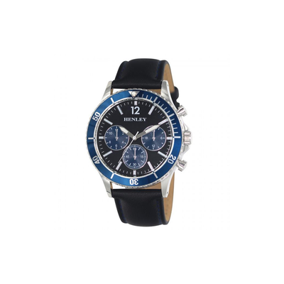 Henley Mens Polished Round Sports Case Blue Dial With Black Leather Strap Watch H02210.6