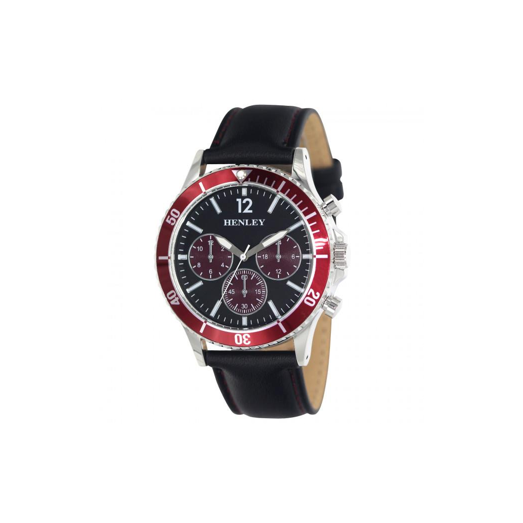 Henley Mens Polished Round Sports Case Purple Dial With Black Leather Strap Watch H02210.7