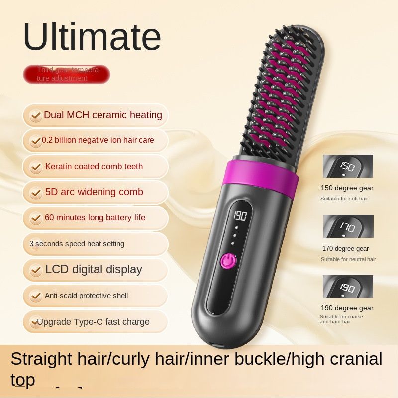 New Wireless Straight Hair Does Not Hurt Negative Ion Mini Portable Dual-purpose Fluffy Artifact Curly Hair Lazy Splint Electric Comb, Specification: [7th generation] 200 million negative ions + keratin hair care + three-stage - new style in July - [Three teeth] Wireless straight hair comb [capsule anti-scalding]