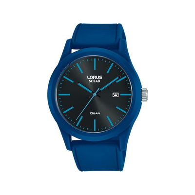 Lorus Mens Sports Solar Powered Black Dated Dial Blue Rubber Strap Watch RH305AX9