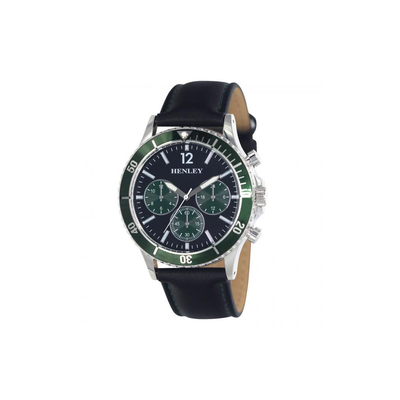 Henley Mens Polished Round Sports Case Green Dial With Black Leather Strap Watch H02210.11