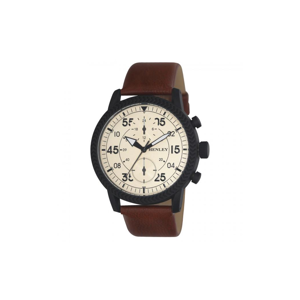 Henley Men&#39;s Bold Textured sports Cream Dial With Brown Leather Strap Watch H02212.4
