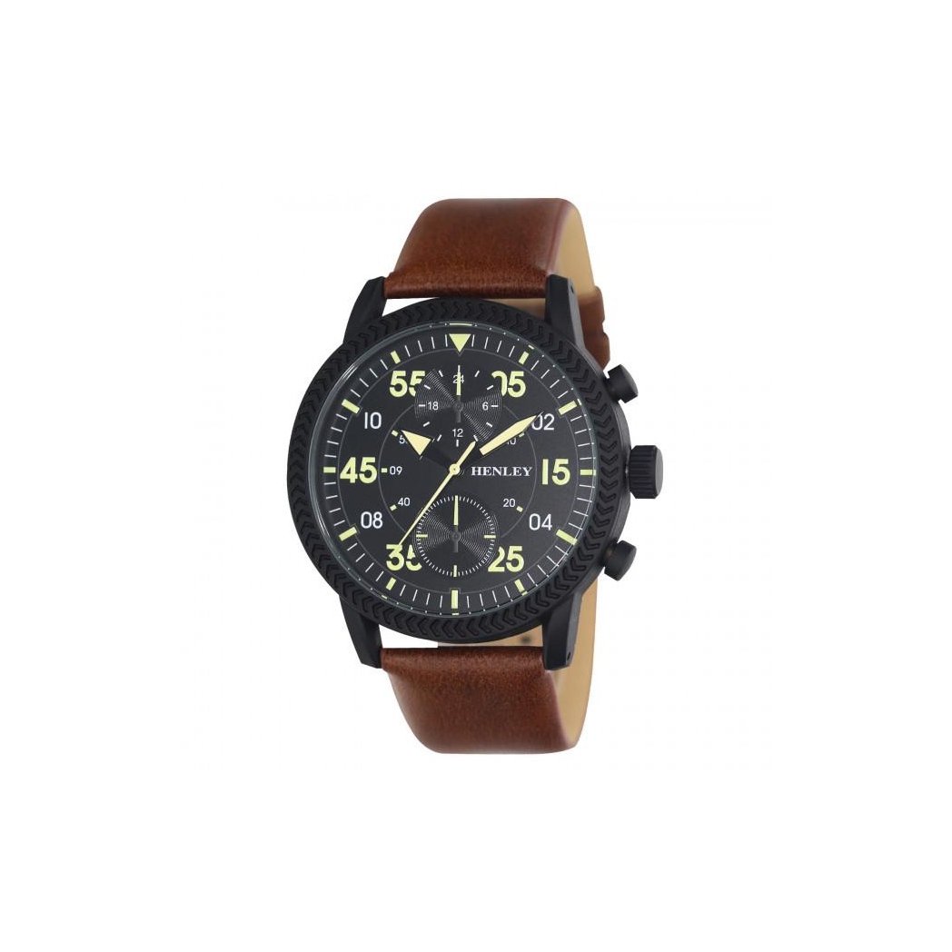 Henley Men&#39;s Bold Textured sports Black Dial With Brown Leather Strap Watch H02212.3