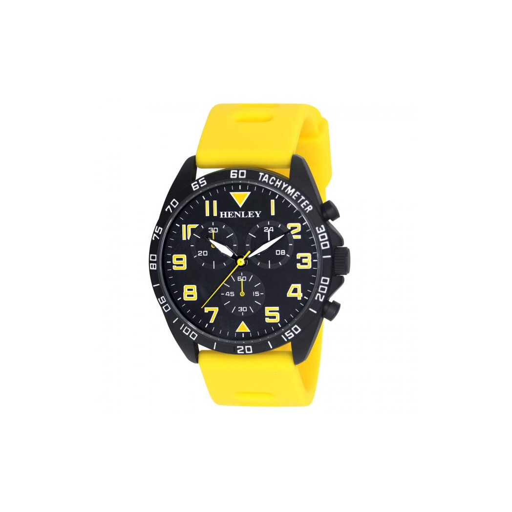 Henley Men&#39;s Multi Eye Black Dial With Yellow Sports Large Silicone Strap Watch H02215.9