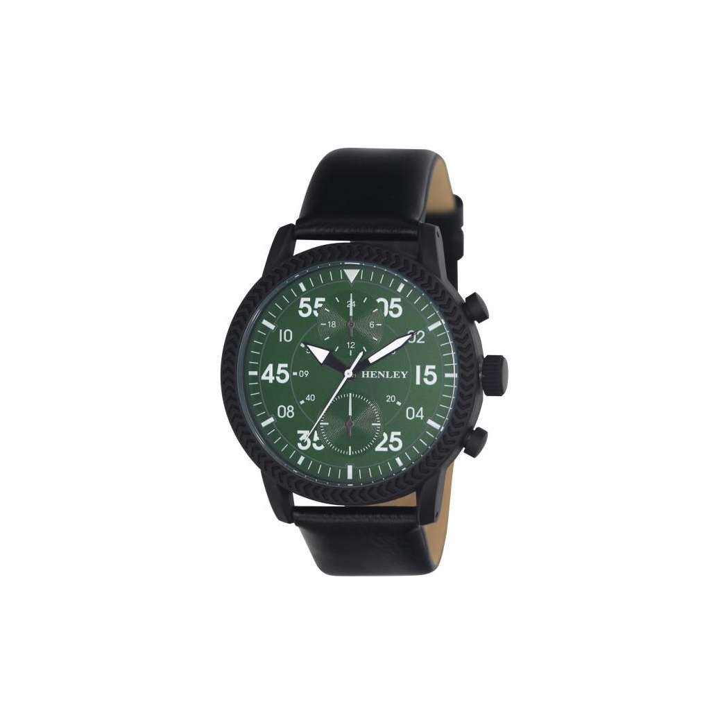 Henley Men&#39;s Bold Textured sports Green Dial With Black Leather Strap Watch H02212.11