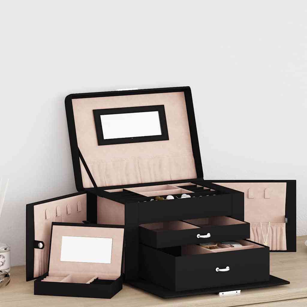 Jewellery Box 3-Layer with Mirror Lockable Black 26x18x17.5 cm