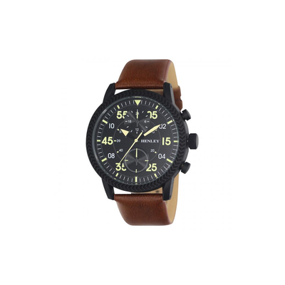 Henley Men&#39;s Bold Textured sports Black Dial With Brown Leather Strap Watch H02212.3