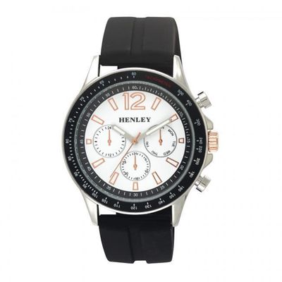 Henley Mens White Dial Black/Silver Silicone Sports Rubber Strap Watch H02206.14
