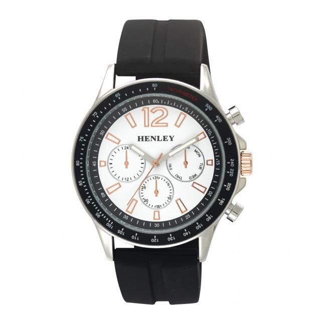 Henley Mens White Dial Black/Silver Silicone Sports Rubber Strap Watch H02206.14