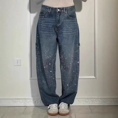 2025 Spring And Summer  New Star Rhinestone Jeans High Waist Slim Casual Pants Women