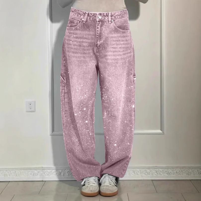 2025 Spring And Summer  New Star Rhinestone Jeans High Waist Slim Casual Pants Women