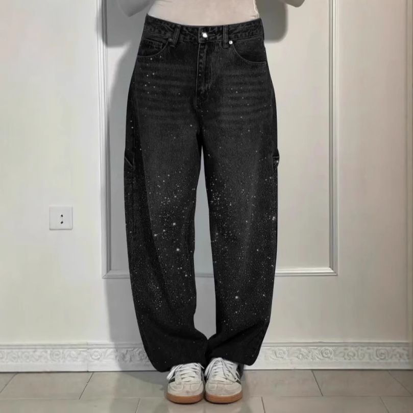 2025 Spring And Summer  New Star Rhinestone Jeans High Waist Slim Casual Pants Women