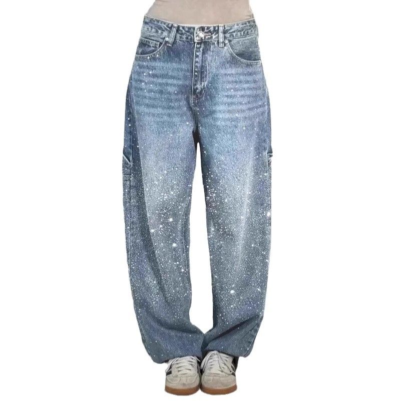 2025 Spring And Summer  New Star Rhinestone Jeans High Waist Slim Casual Pants Women