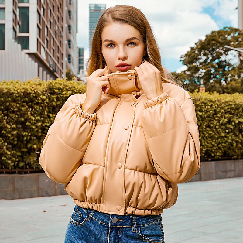 Leather Coat Women Stand Collar Short Warm Bread Cotton-padded Coat