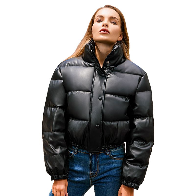 Leather Coat Women Stand Collar Short Warm Bread Cotton-padded Coat