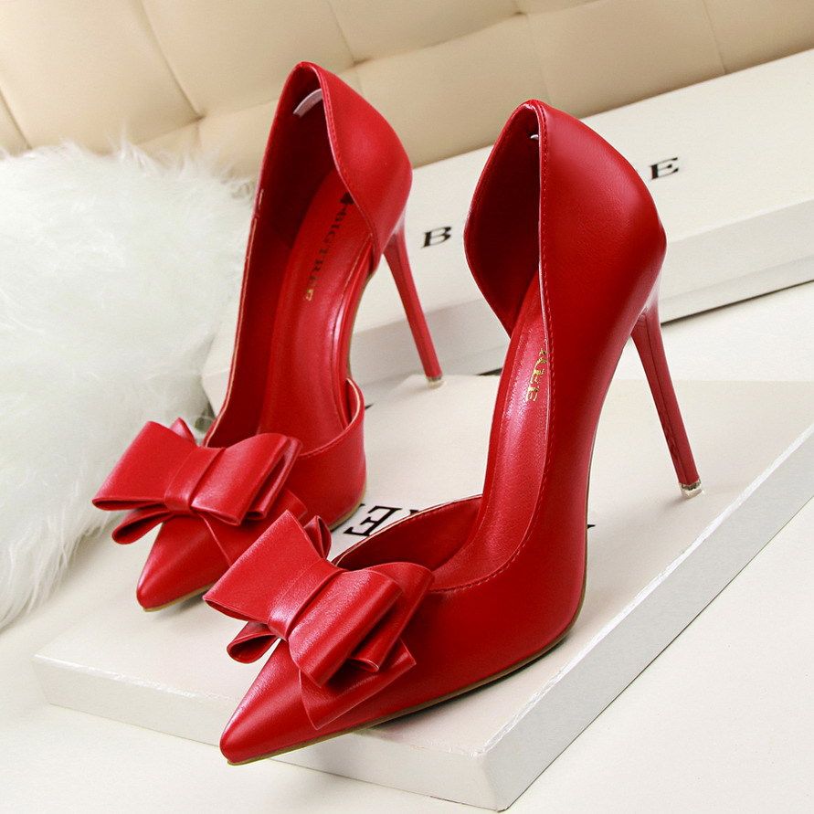 Zayra Rose Korean Fashion Show Gas Sweet Bow High Heels Stiletto Heel Low-cut Pointed Side Hollow Shoes