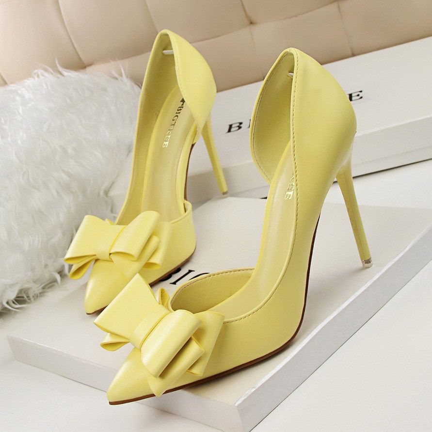 Zayra Rose Korean Fashion Show Gas Sweet Bow High Heels Stiletto Heel Low-cut Pointed Side Hollow Shoes