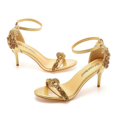 Zayra Rose 7 Cm Temperament Shallow Mouth Strap Stiletto Sandals Crystal Yellow Diamond Wedding Shoes Sexy Fish Mouth Summer Sandals