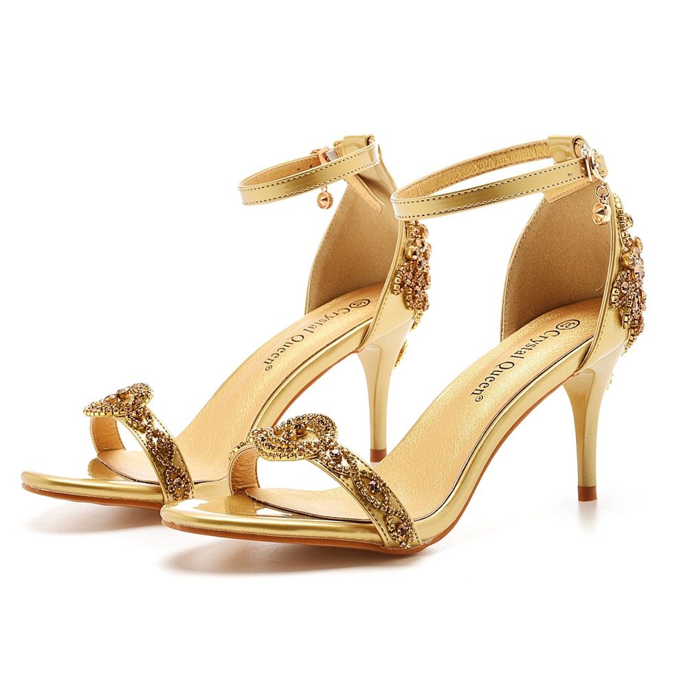 Zayra Rose 7 Cm Temperament Shallow Mouth Strap Stiletto Sandals Crystal Yellow Diamond Wedding Shoes Sexy Fish Mouth Summer Sandals, Size: 43, Color: Gold
