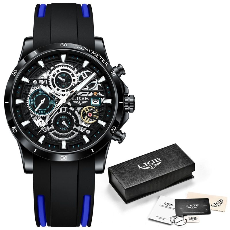 Men Watches Casual Luxury Sport Waterproof Quartz Watch Chronograph Military Watch Men Clock Man Relogio Masculino, Color: Black blue