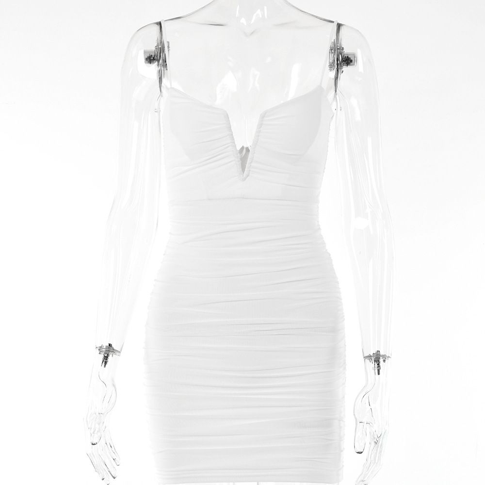 Zayra Rose Boutique Spring Sling Backless Pleated Mini Skirt – Sexy V-Neck &amp; Low-Cut Design, Color: White, Size: S