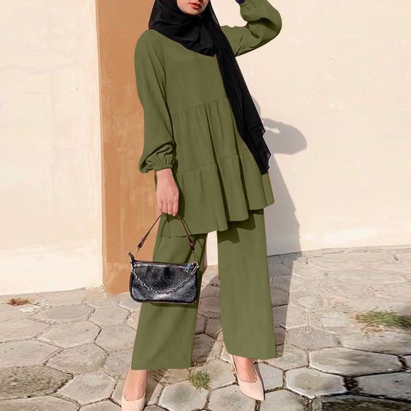 Zayra Rose Autumn Elegance Modest Suit Set – Wide-Leg Pants, Oversized Shirt &amp; Matching Hijab Cap