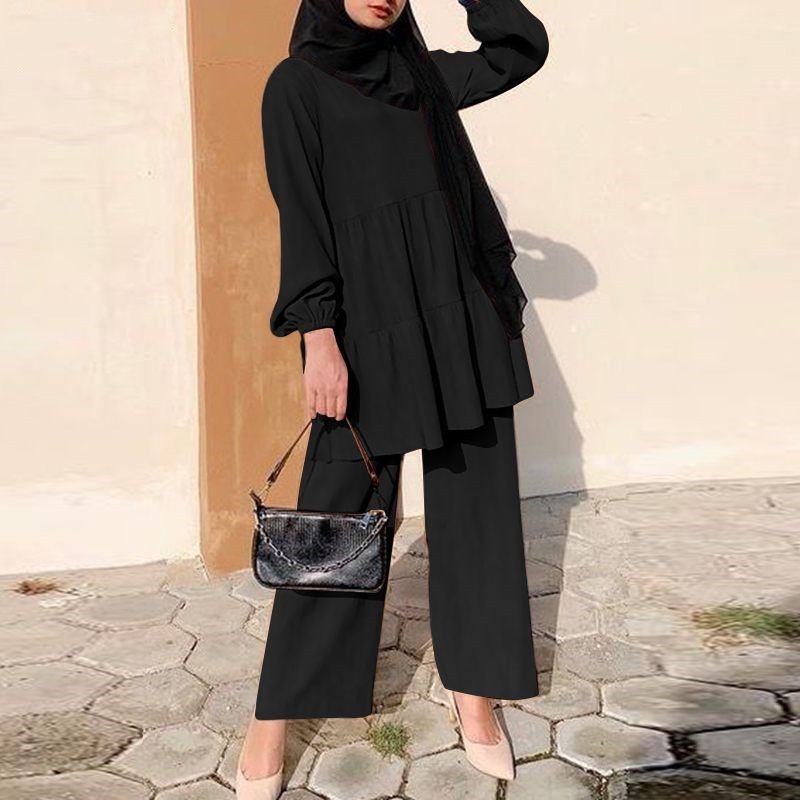 Zayra Rose Autumn Elegance Modest Suit Set – Wide-Leg Pants, Oversized Shirt &amp; Matching Hijab Cap, Size: S, Color: Black