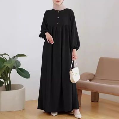Modest Muslim Dress for Women - Casual Long Sleeve Loose Kaftan Robe with Bubble Sleeves, Solid Color Abaya Jilbab